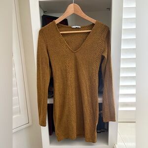 Zara Snake Print v-neck Mustard Yellow Knit Dress size Small